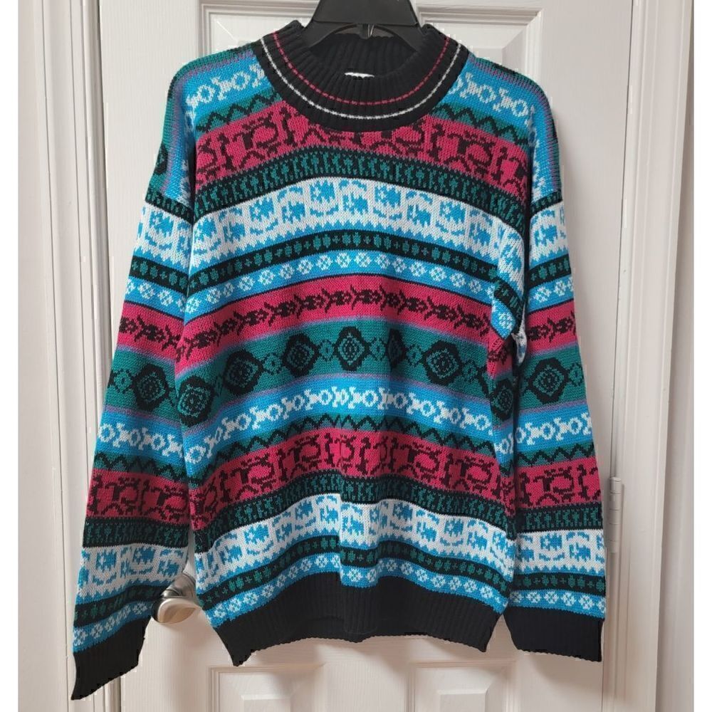 Bright Print Knit Sweater L Unisex